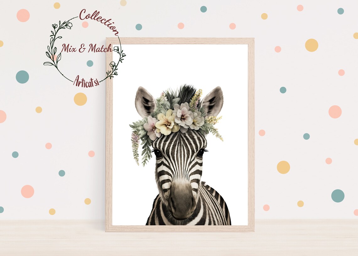 Boho Zebra Wearing Flower Crown Portrait Nursery Safari Wall Art