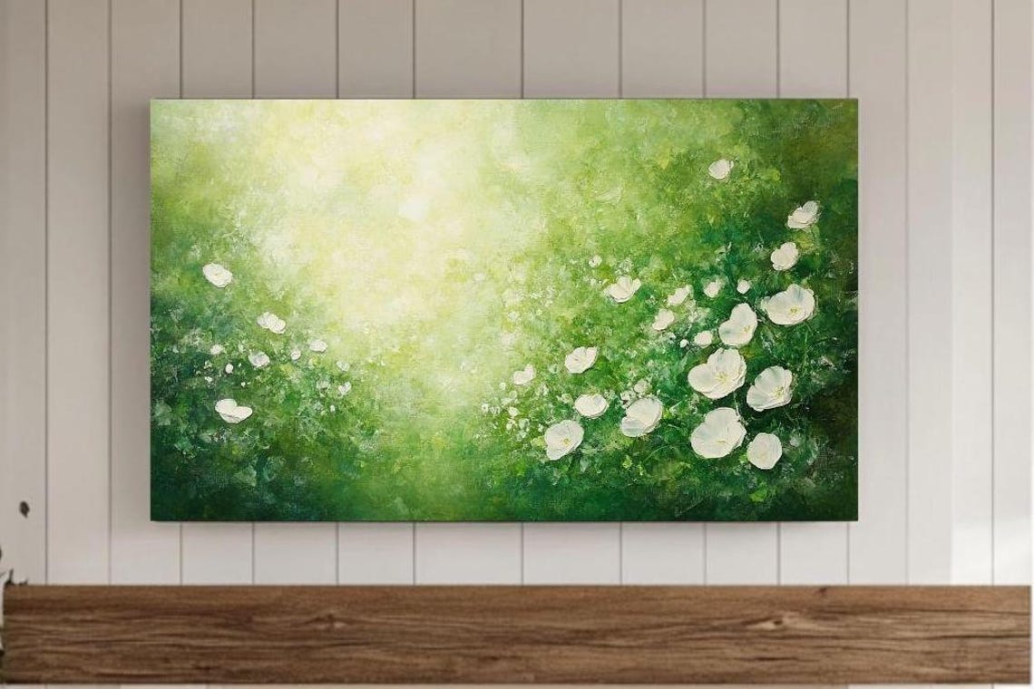 White Blossom Green Foliage Sunlit Garden Abstract Art Poster