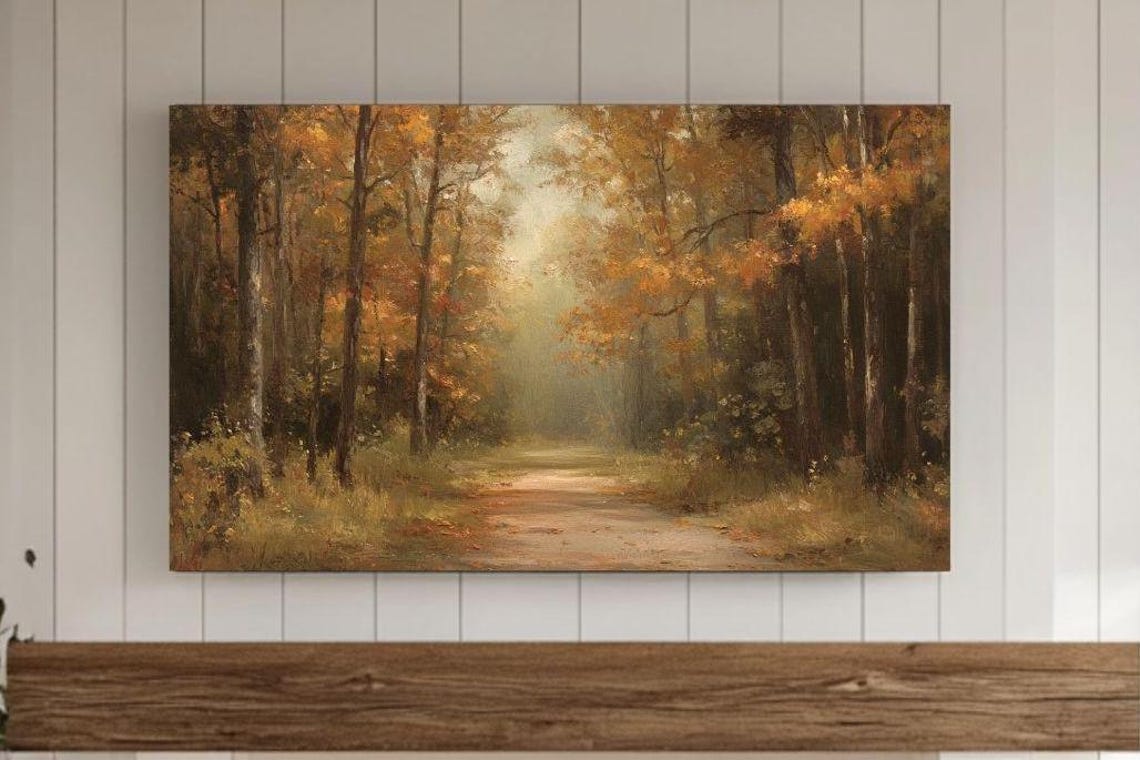 Autumn Forest Path Golden Trees Misty Woodland Painting Poster