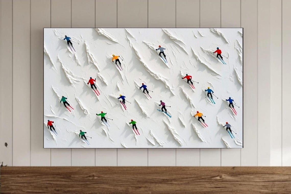 Bright Skiers Dotting White Textured Snow Slope Winter Art Poster