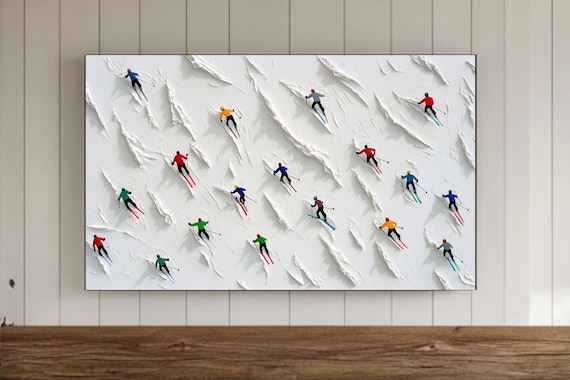 Bright Skiers Dotting White Textured Snow Slope Winter Art Poster