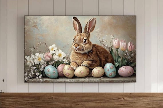Brown Rabbit With Floral Easter Eggs And Pink Tulips Wall Art
