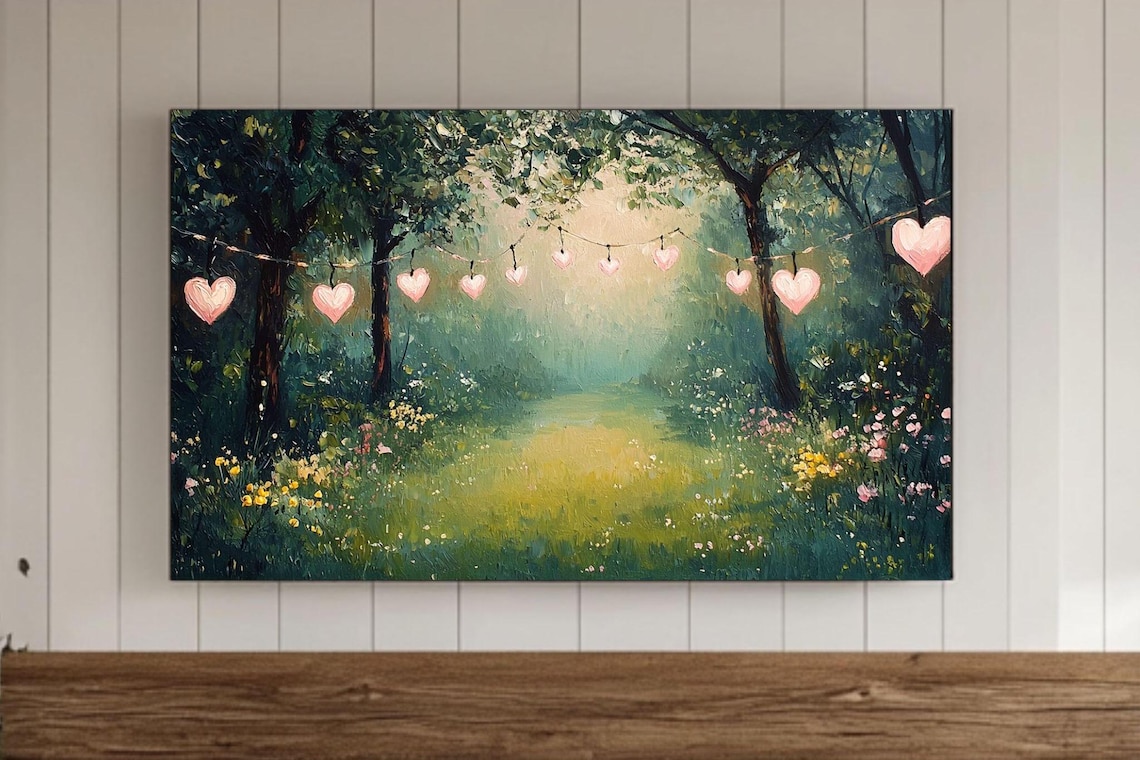 Dreamy Forest Clearing with Pink Heart Garland Lights Poster