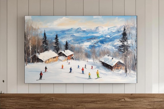 Alpine Ski Village Chalets and Skiers at Sunset Winter Poster