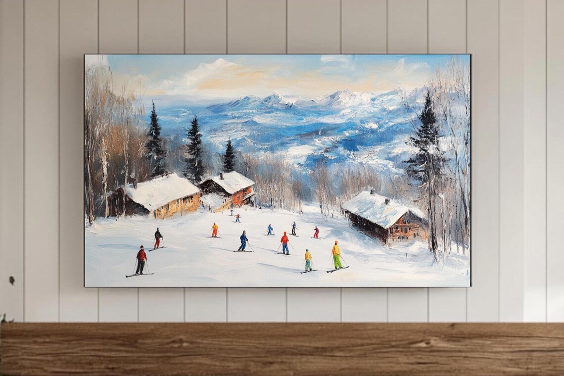 Alpine Ski Village Chalets and Skiers at Sunset Winter Poster