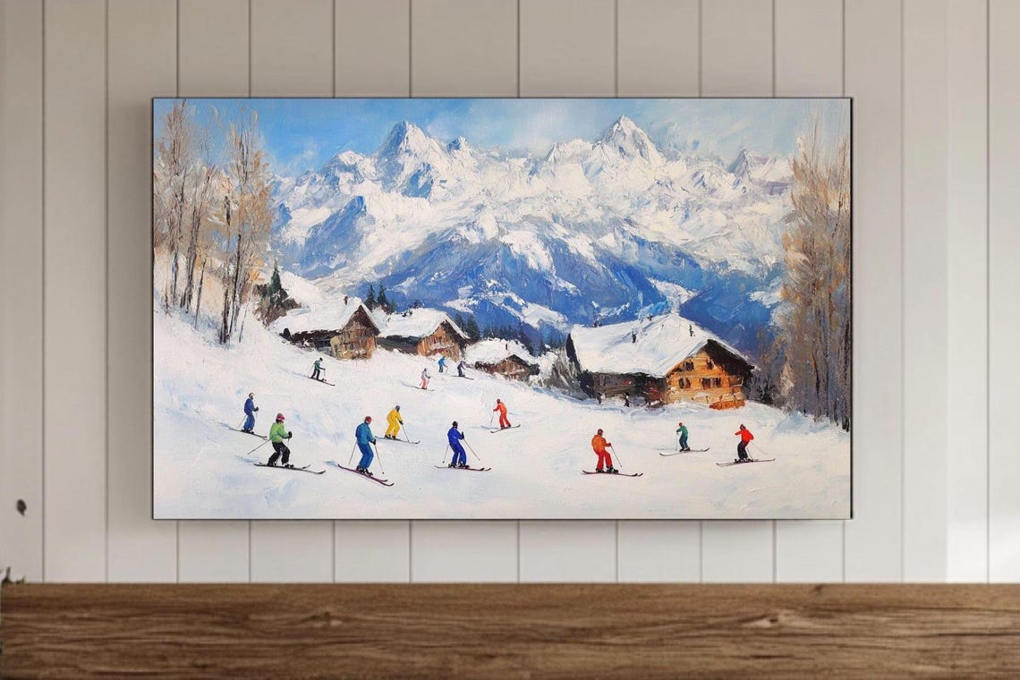 Skiers on Alpine Slopes With Chalets and Snowy Peaks Winter Poster