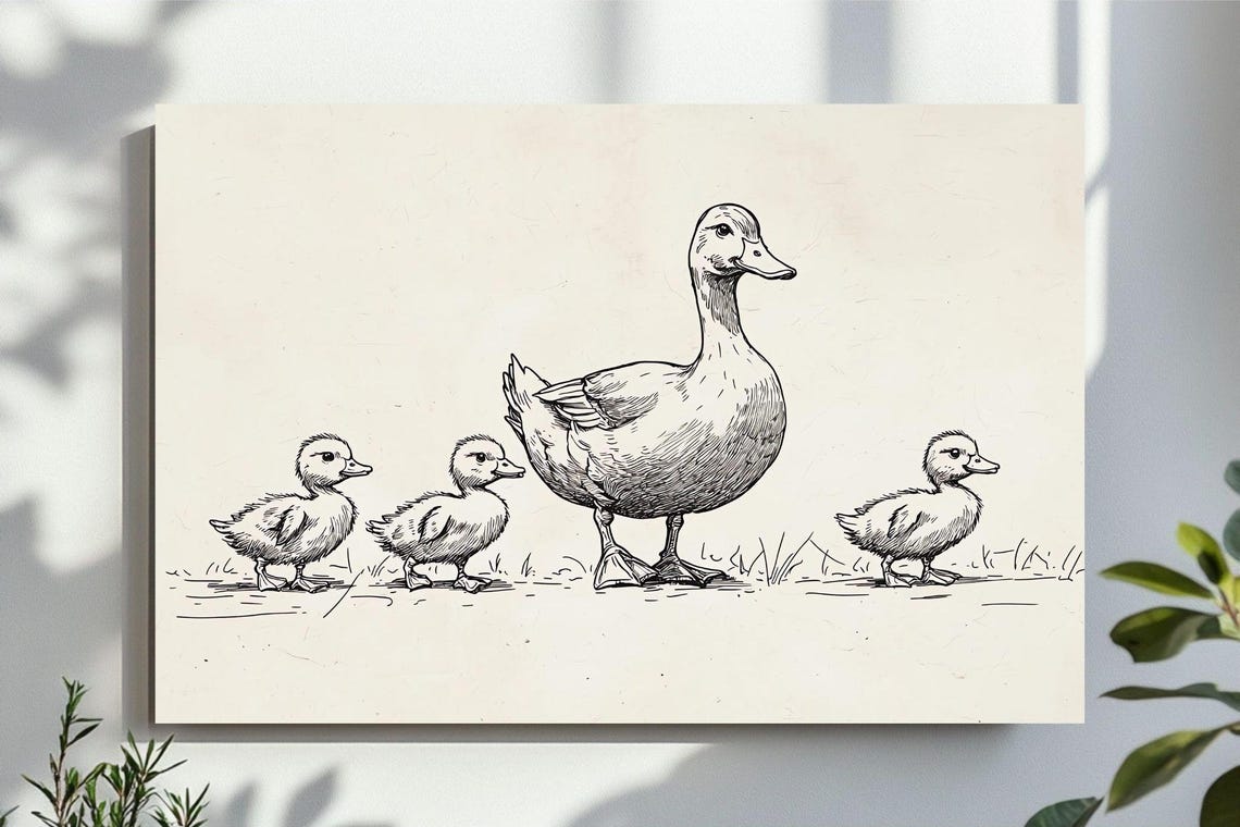 Charming Mother Duck Leading Her Ducklings Ink Sketch Poster