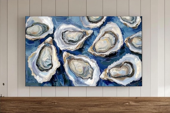 Oyster Shells Deep Blue Coastal Impasto Painting Nautical Seafood Wall Art