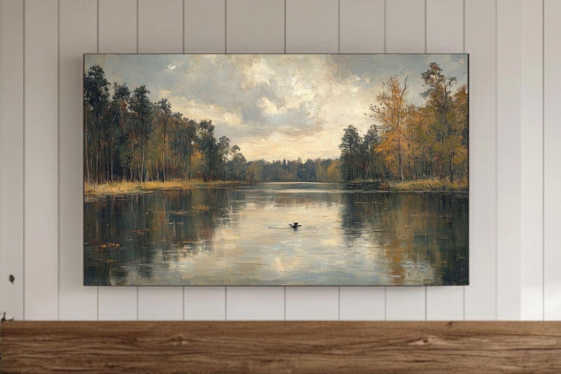 Autumn Lake With Lone Duck Golden Trees Reflected Vintage Poster