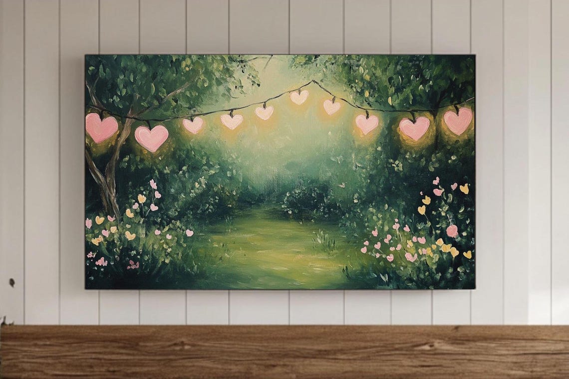 Dreamy Green Garden Path With Heart String Lights Floral Poster