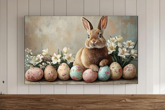 Brown Bunny With Floral Easter Eggs And White Flowers Poster