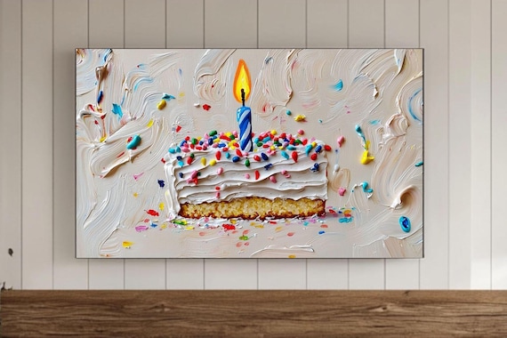 Birthday Cake Slice Single Candle Sprinkles Impasto Art Poster