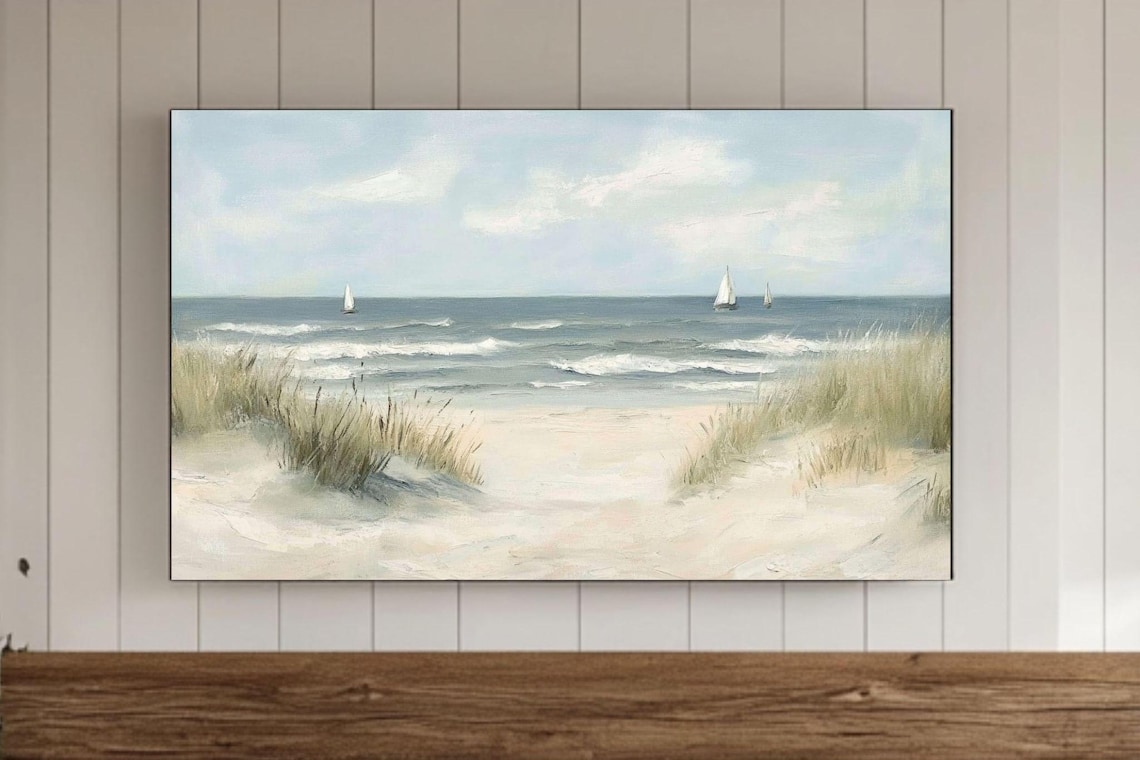 Vintage Beach Oil Painting Art Print, Coastal Seascape