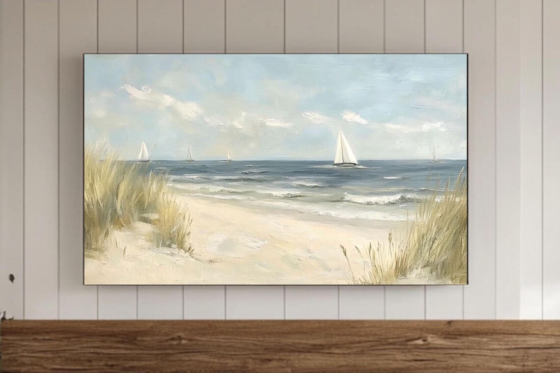 Beach With Foamy Waves Sailboats And Dune Grass Coastal Poster