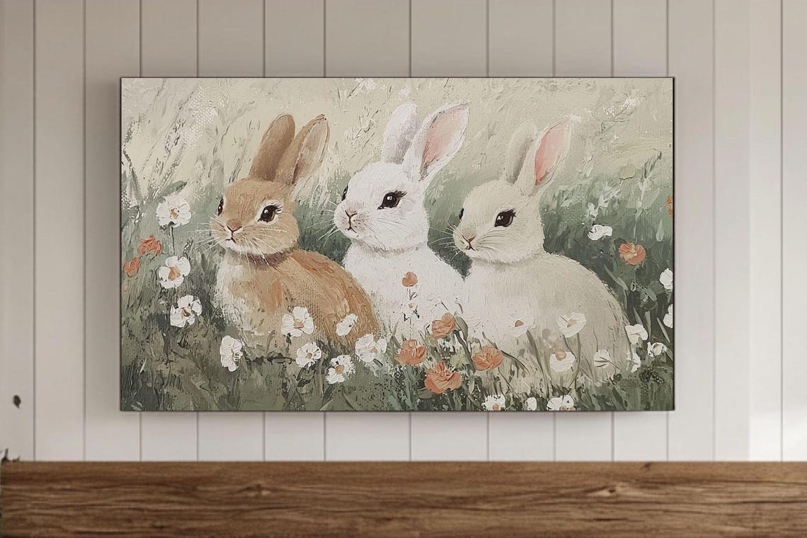 Sweet Bunny Trio Resting Among Wildflowers Spring Meadow Poster