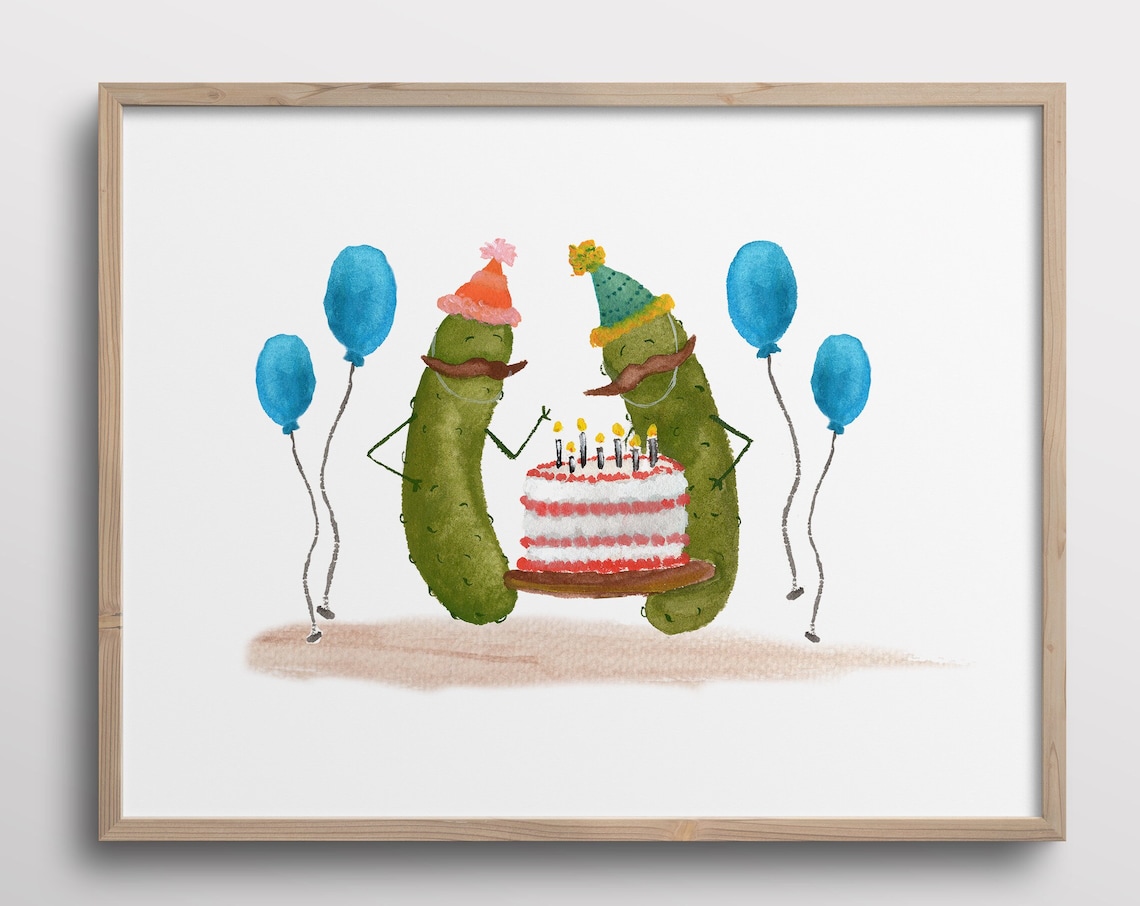 Whimsical Pickles With Mustaches Birthday Party Art Print