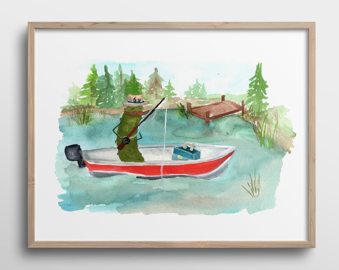 Whimsical Pickle With Mustache Fishing Boat Watercolor Art Print
