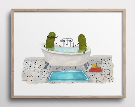 Whimsical Pickles With Mustaches, Watercolor Art Print