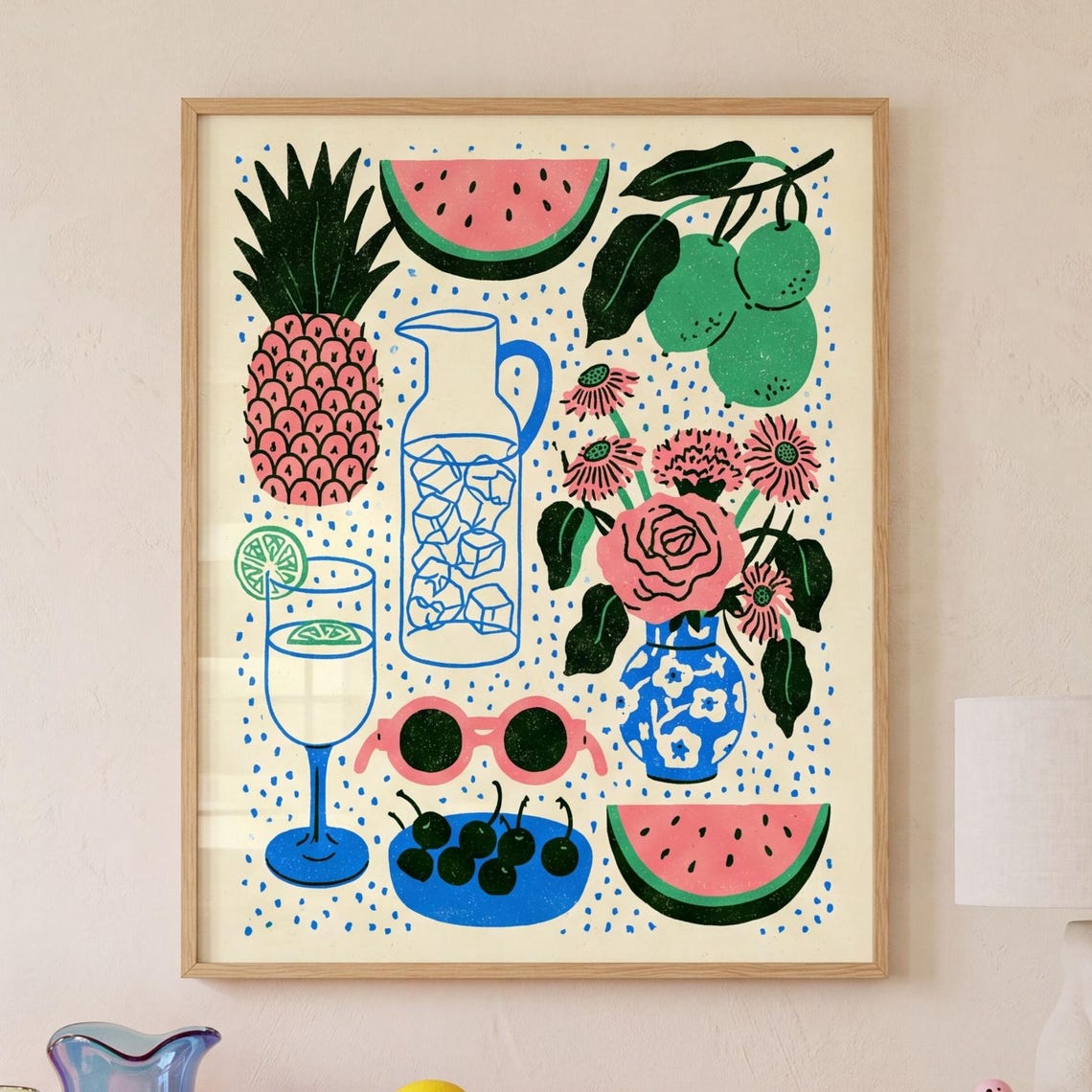 Colorful Summer Still Life with Pineapple Watermelon and Lime Poster