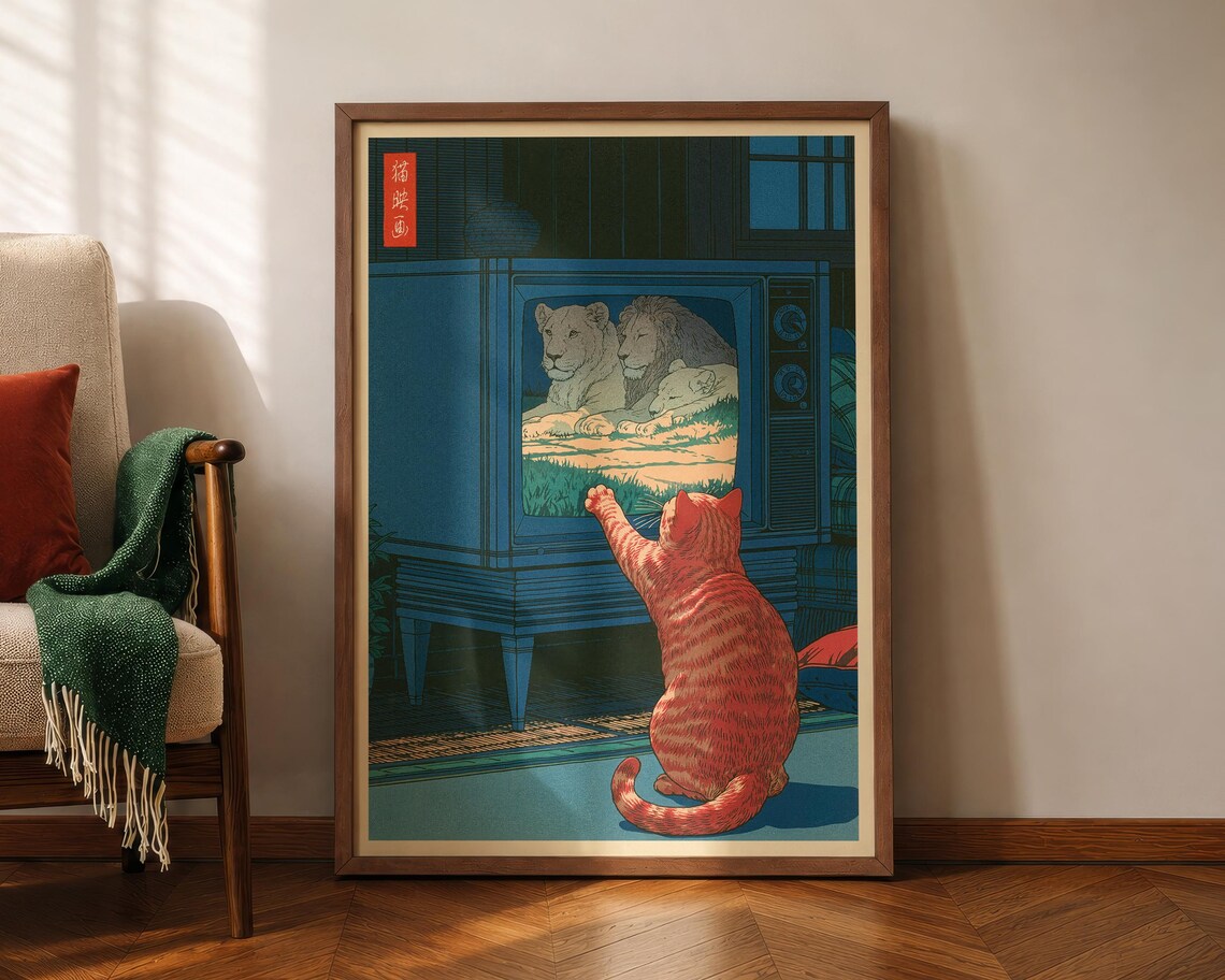 Japanese Cat Poster Vintage Tv Print Japandi Living Room Decor Hasui Kawase Inspired Hiroaki Takahashi Style Shinhanga Wall Art
