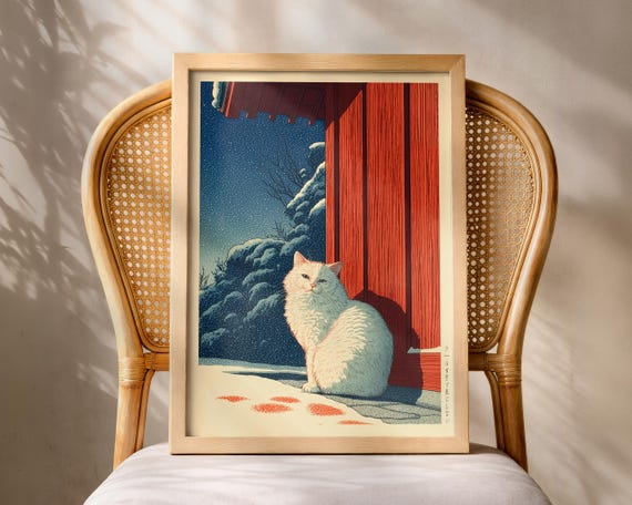Japanese Cat Poster White Living Room Print Cozy Wall Art Hasui Kawase Hiroaki Takahashi Style Shinhanga