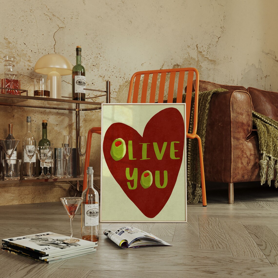 I Love You Heart Olive Kitchen Art Print - Image 2