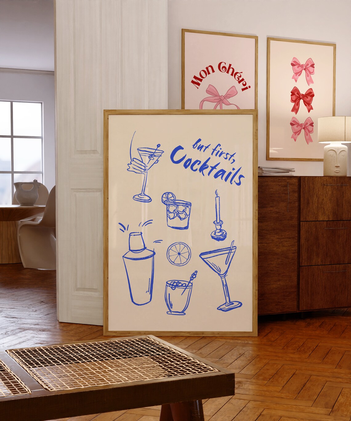 But First Cocktails Blue Line Art Bar Cart Decor Quote Poster - Image 2