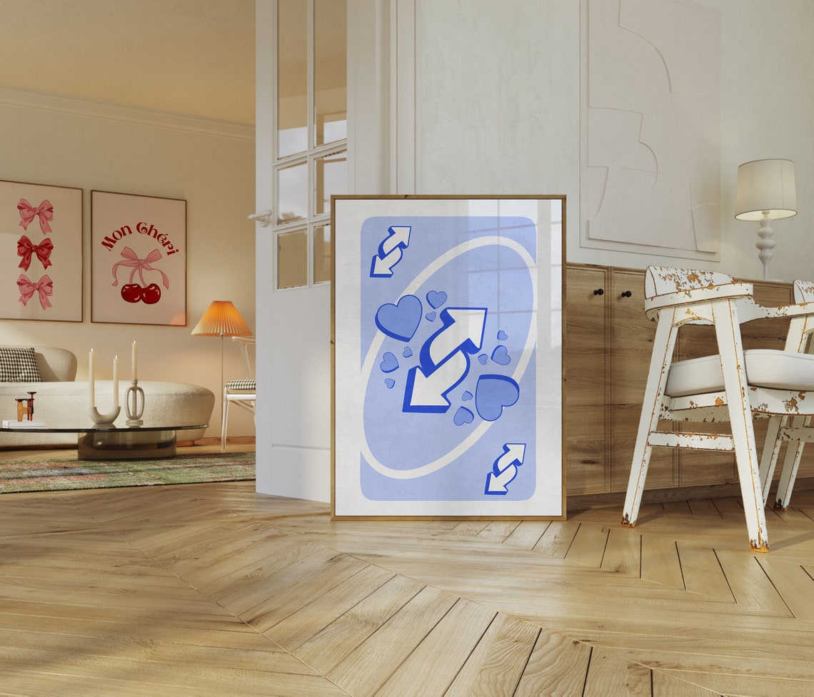 Retro Blue Reverse Playing Card Poster with Hearts and Love Arrows - Image 2