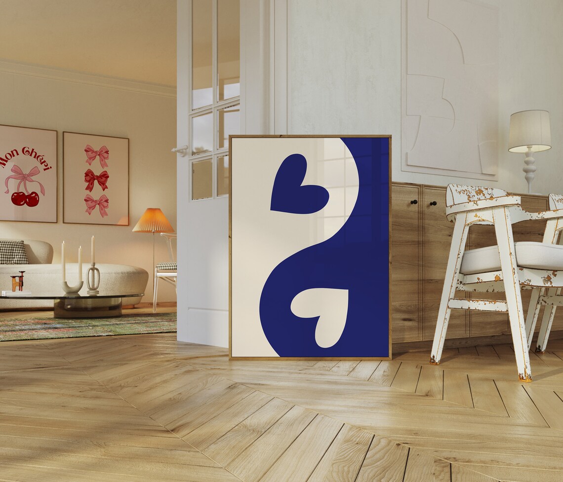 Navy Blue and Cream Heart Yin Yang Abstract Minimalist Art Poster - Image 3