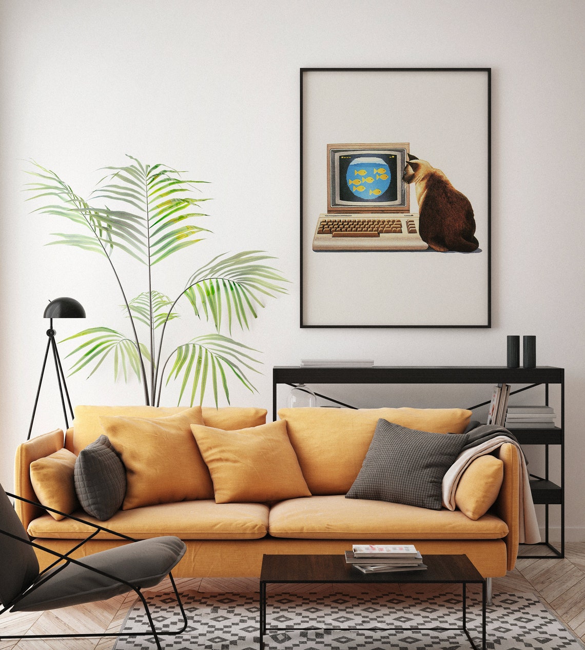 Siamese Cat Watching Goldfish on Vintage Computer Screen Poster - Image 7