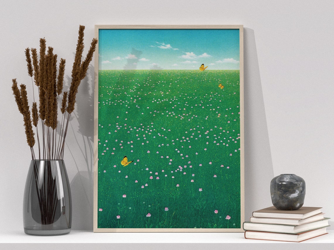 Green Wildflower Meadow Butterflies Summer Sky Minimal Art Poster
