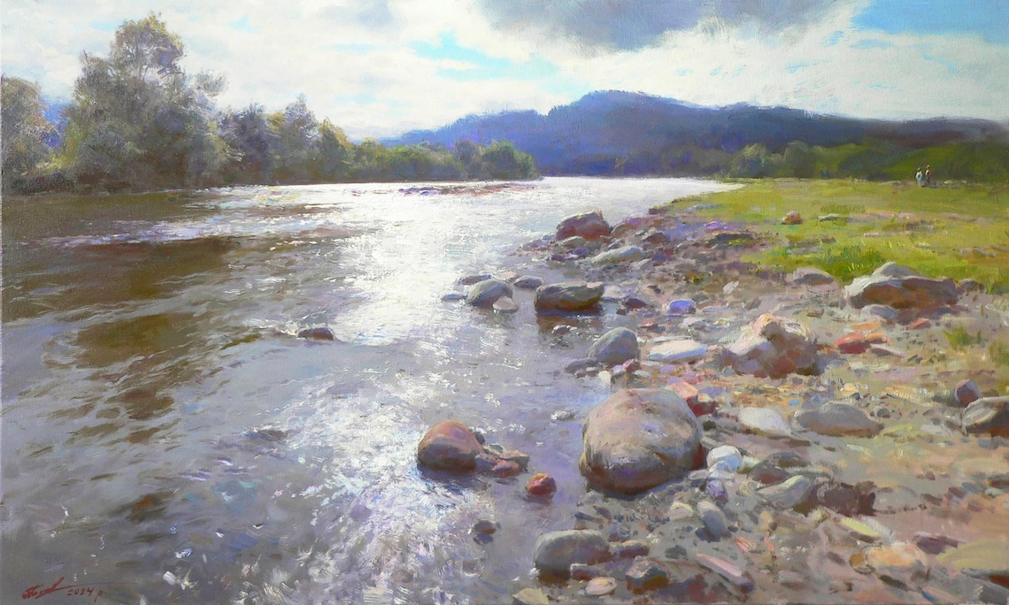 Peaceful Riverbank Landscape, Tranquil Mountain Stream