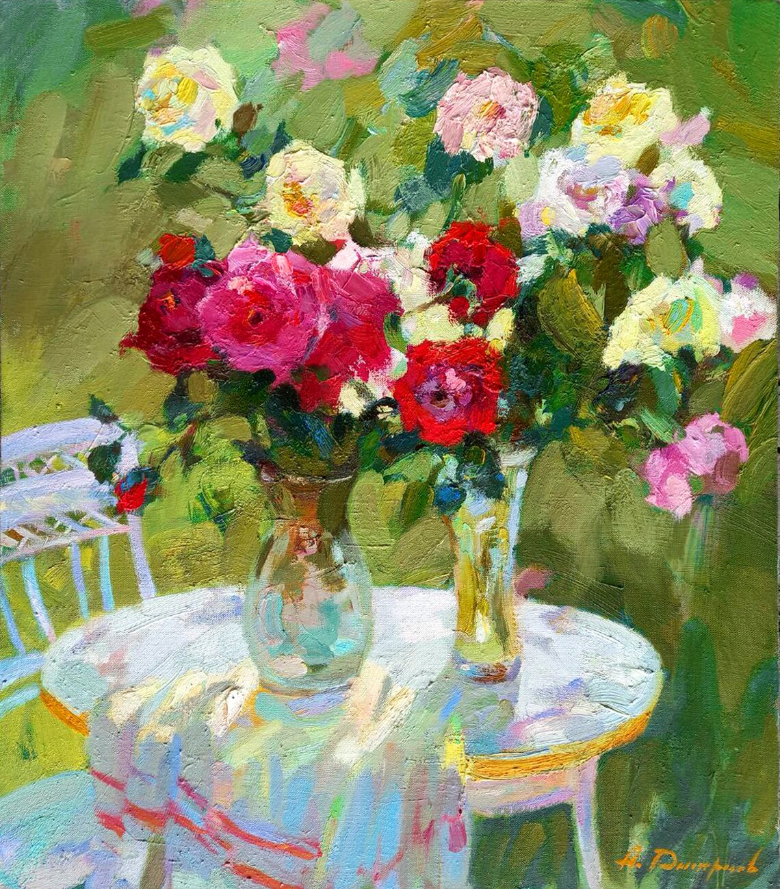 Romantic Garden Roses in Glass Vases, Impressionist Oil Painting - Image 3