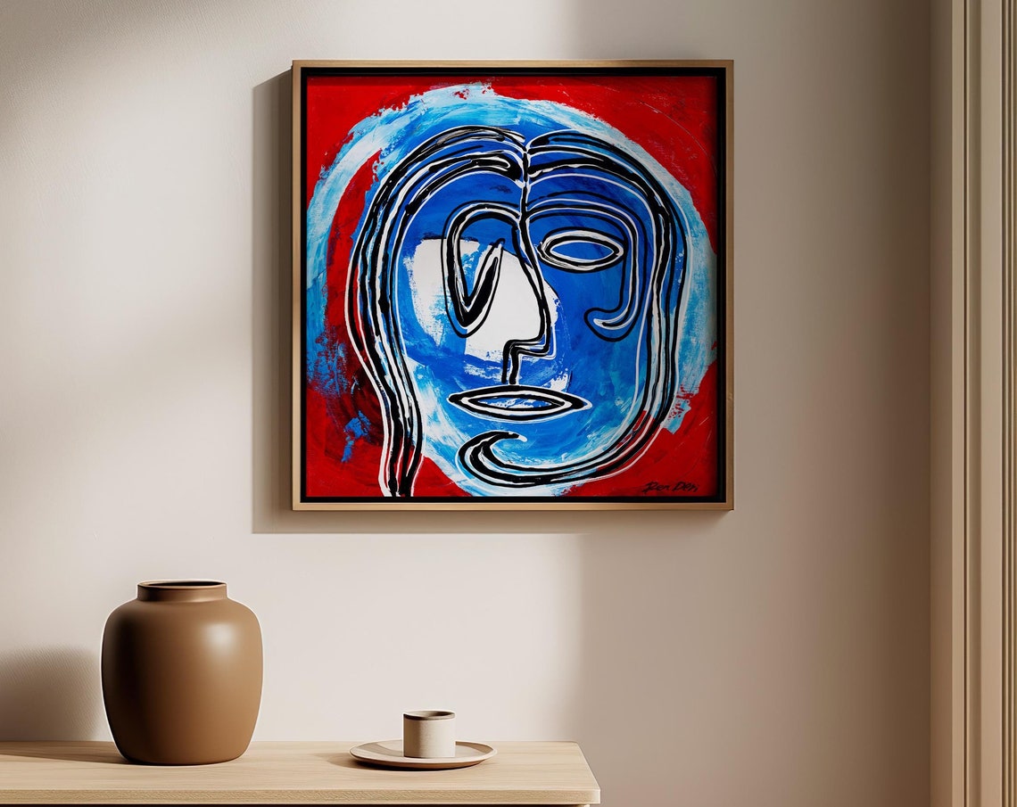 Blue Line Face on Red Ground Square Dramatic Abstract Poster