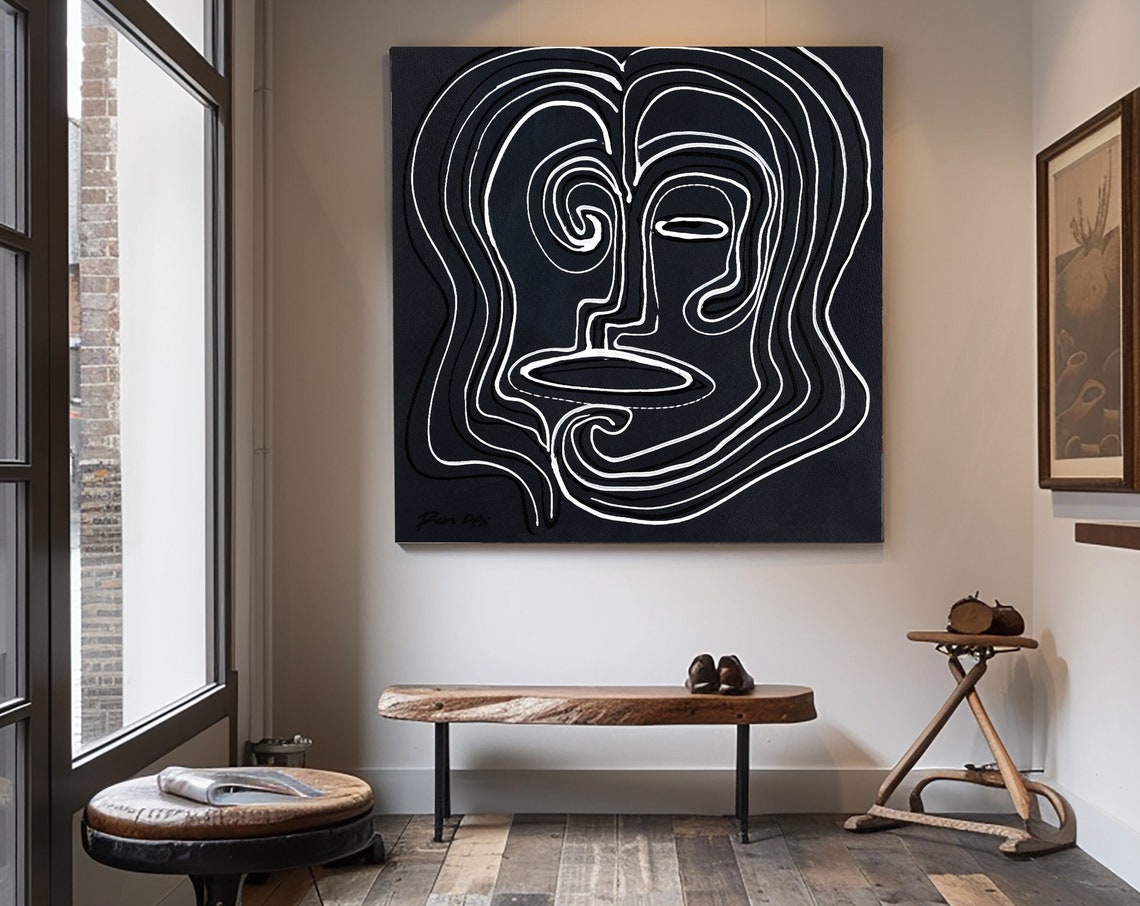 White Line Art Face on Black Minimalist Modern Abstract Wall Poster - Image 5