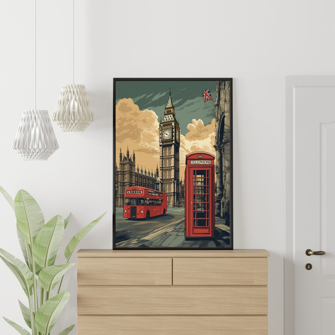 Classic London Big Ben Red Bus and Phone Booth Travel Poster