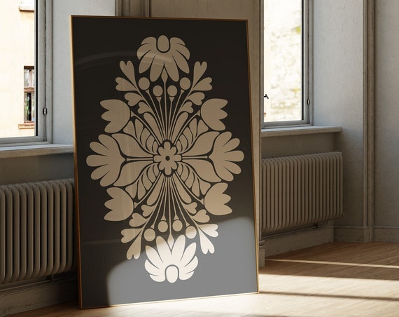 Moody Floral Art Black And Beige Print Dark Floral Print Flower Decor Print Mid Century Modern Black Art 1828