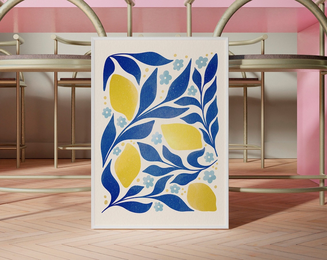 Blue And Yellow Lemons Eclectic Kitchen Art Print