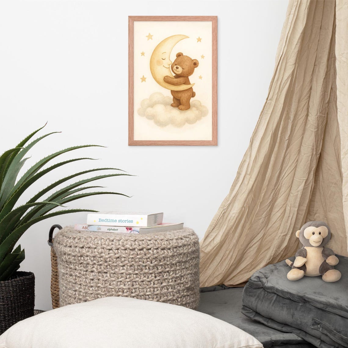 Teddy Bear Hugging The Moon, Nursery Watercolor Decor - Image 4