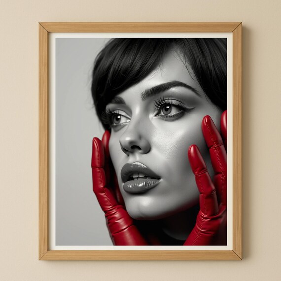 Black And White Closeup Woman With Red Gloves Modern Portrait Poster Wall Art Din Us Formats