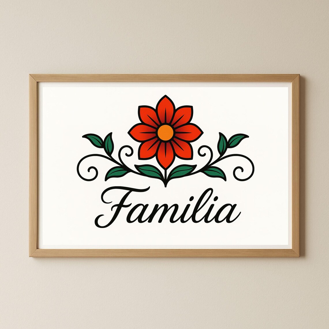Familia Script Elegant Red Flower Folk Art Family Wall Print