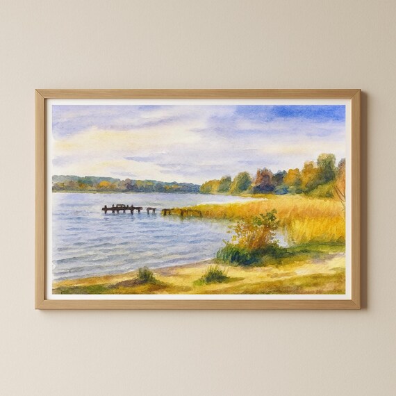 Autumn Lake with Pier and Golden Reeds Watercolor Scene Poster