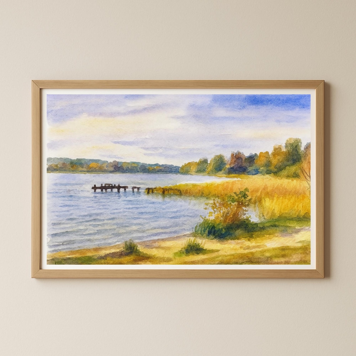 Autumn Lake with Pier and Golden Reeds Watercolor Scene Poster