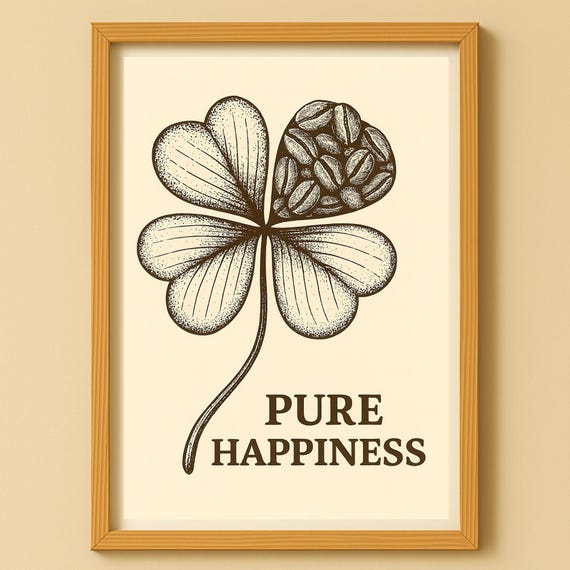 Lucky Coffee Wall Art Poster Picture Pure Happiness Clover Vintage Illustration Abs2