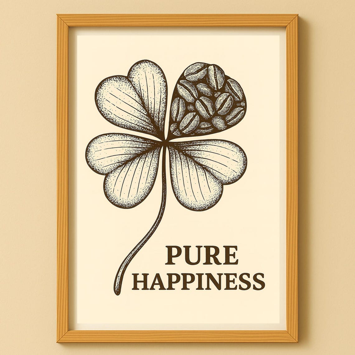 Coffee Beans Four Leaf Clover Pure Happiness Kitchen Art Poster