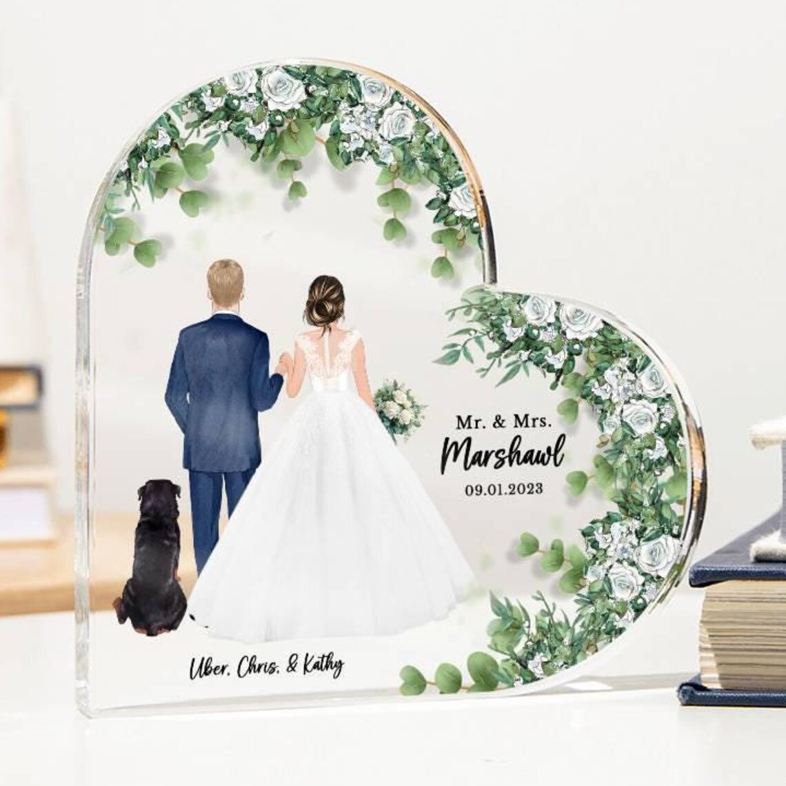 Wedding Heart Acrylic Plaque Couple With Dog Marshawl Date Gift Print