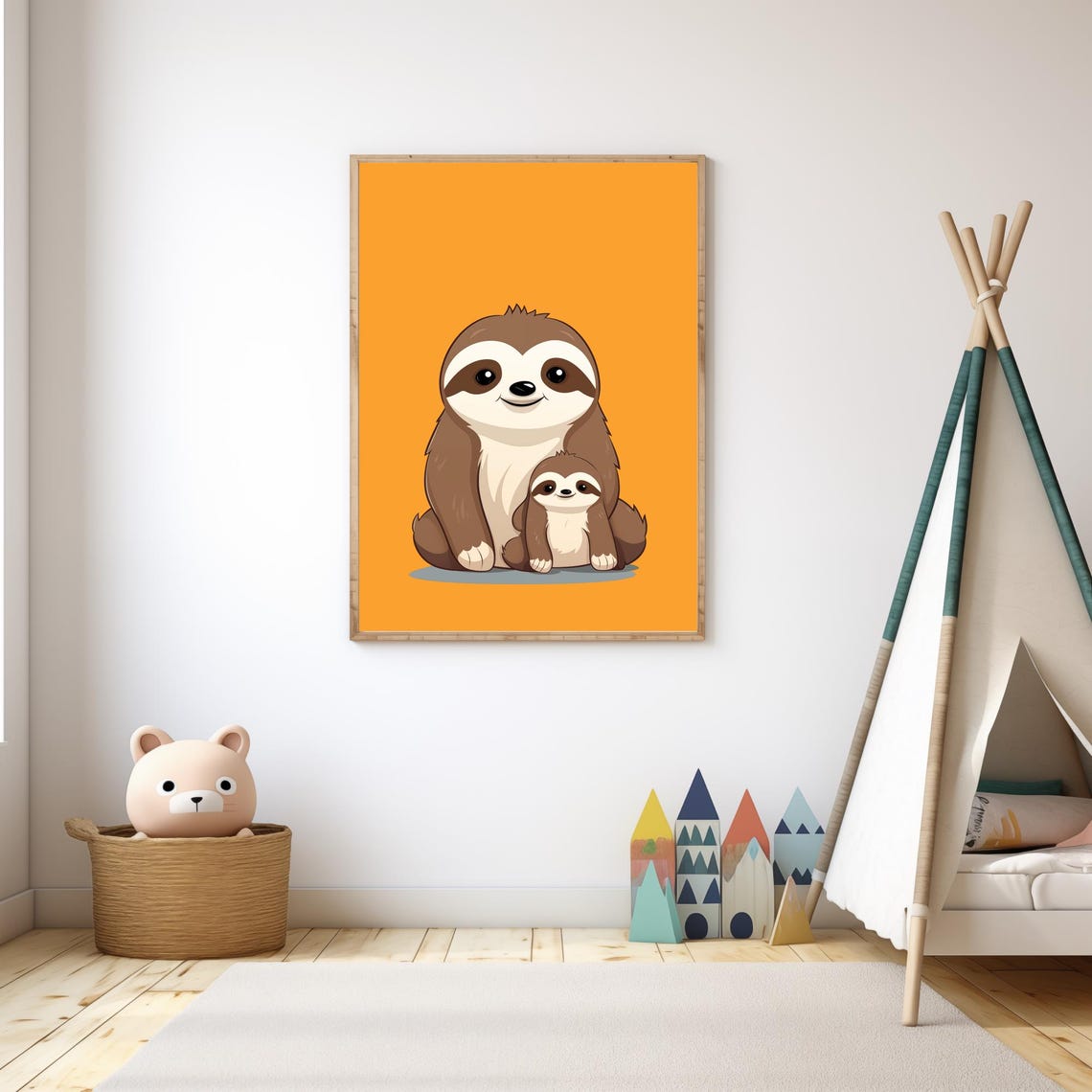 Mommy And Baby Sloth Cuddling Warm Orange Nursery Wall Art Poster - Image 3