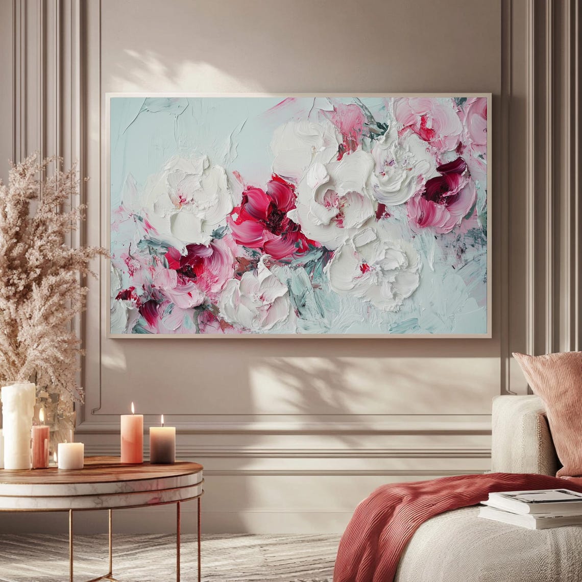 White And Pink Peony Impasto Painting Frame TV Floral Wall Art - Image 5
