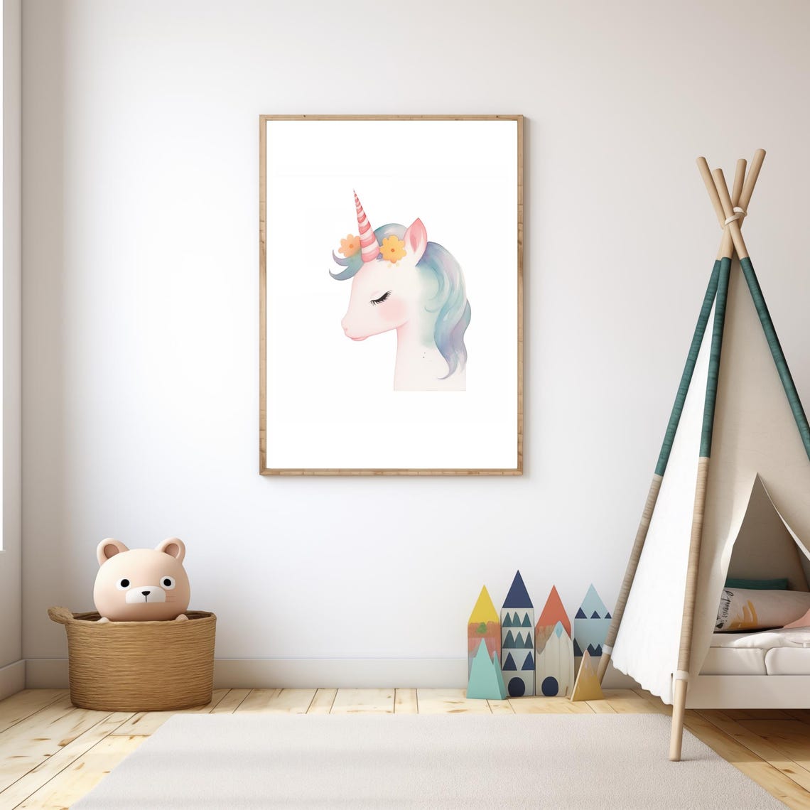 Watercolor Unicorn With Flowers Dreamy Nursery Wall Art Poster - Image 3
