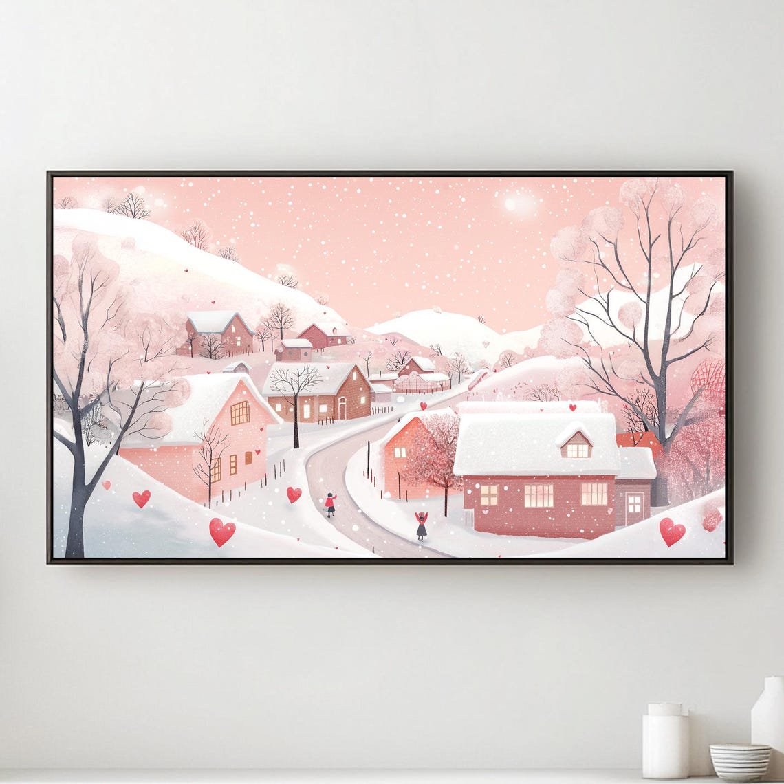 Snowy Pink Village With Winding Road Floating Hearts Wall Art